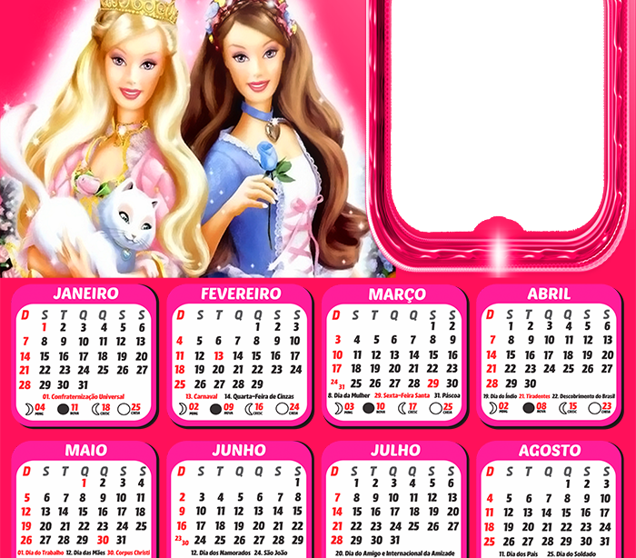 Calendário Barbie Princesas 2024 Moldura PNG - Digital Grátis