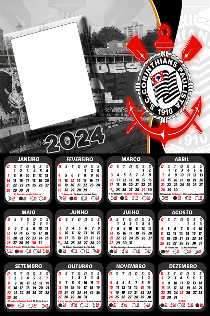 Calendário Corinthians Timão 2024 Moldura PNG Digital Grátis