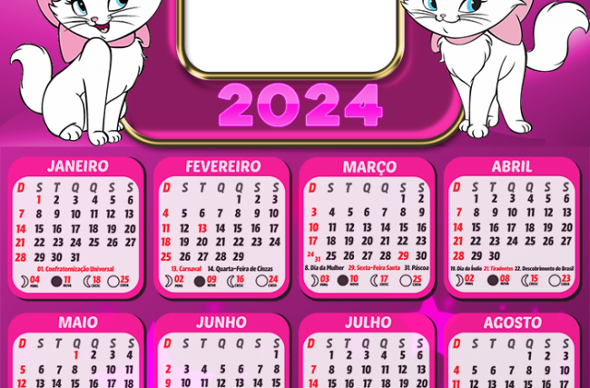 Calendário Gatinha Marie 2024 Moldura PNG - Digital Grátis