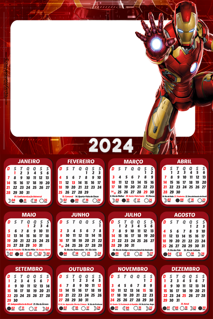 Calendário Iron Man 2024 Moldura PNG Digital Grátis