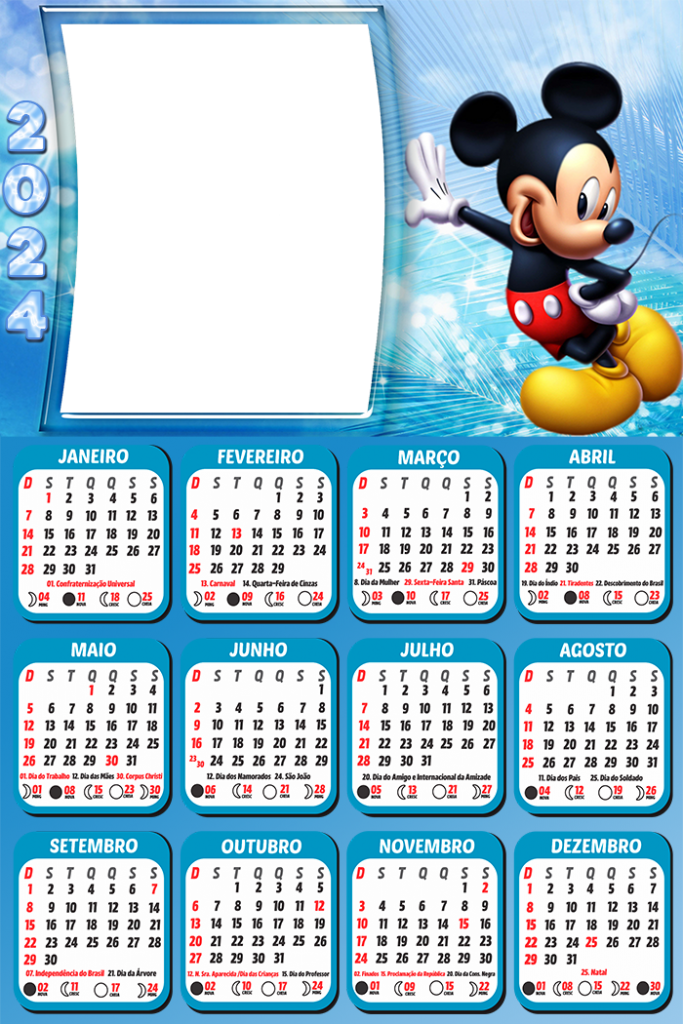 Calendário Mickey Mouse 2024 Moldura PNG Digital Grátis