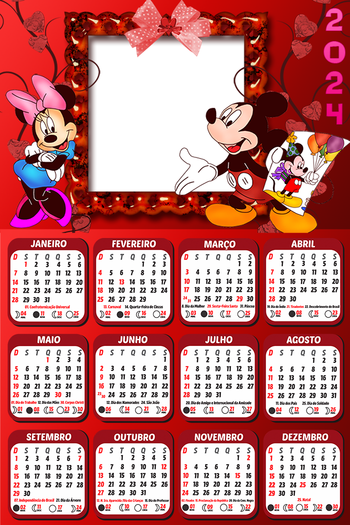 Calendário Mickey e Minnie 2024 Moldura PNG Digital Grátis
