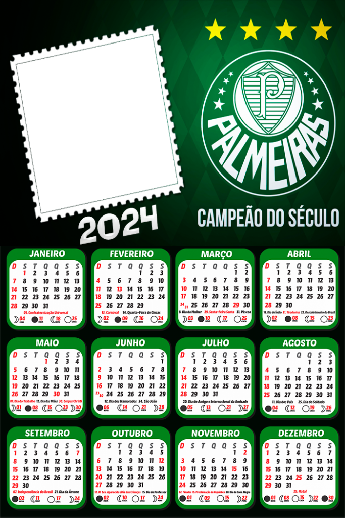 Calendário Palmeiras Campeão 2024 para Montagem de Foto Digital Grátis