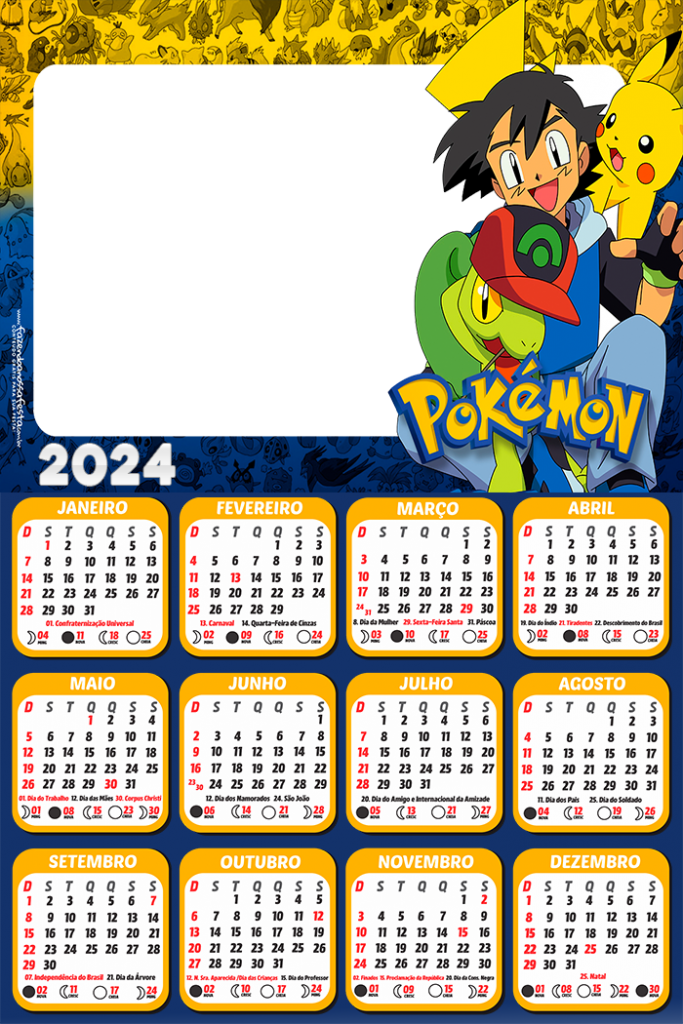 Calendário Pokémon Desenho 2024 Moldura PNG Digital Grátis