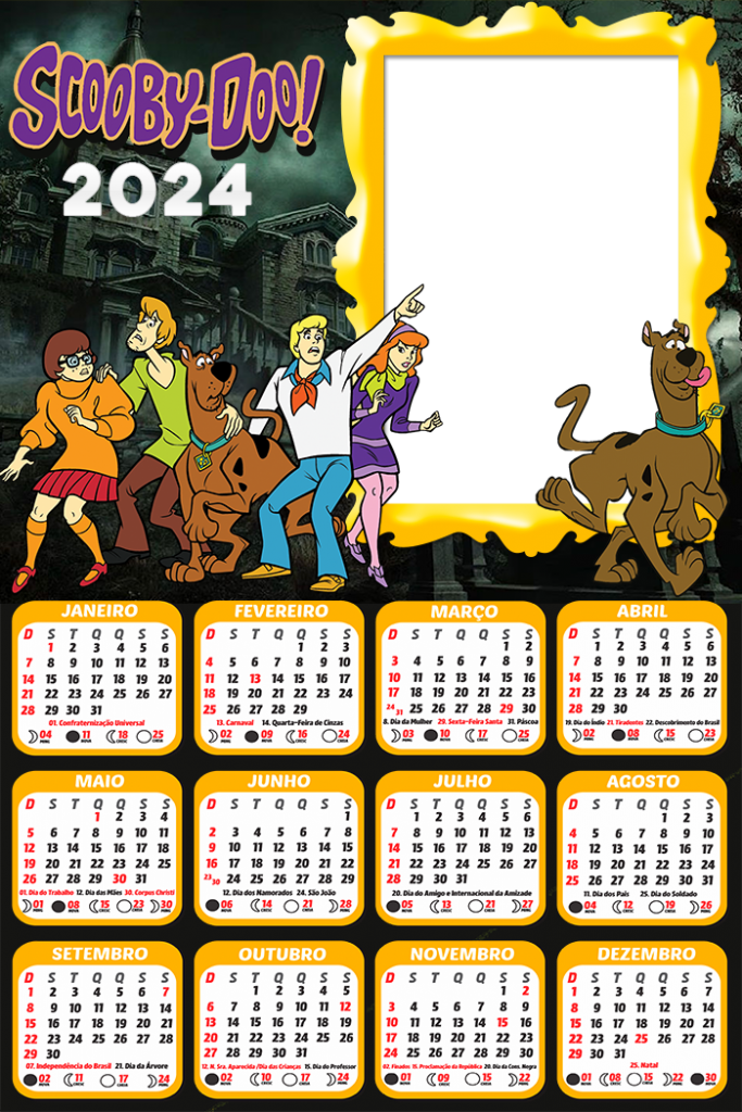 Foto Calendário Scooby Doo Personagens 2024 Moldura PNG Digital Grátis